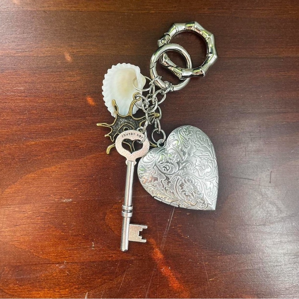 Silver Heart Keychain with Key and Shell Charms